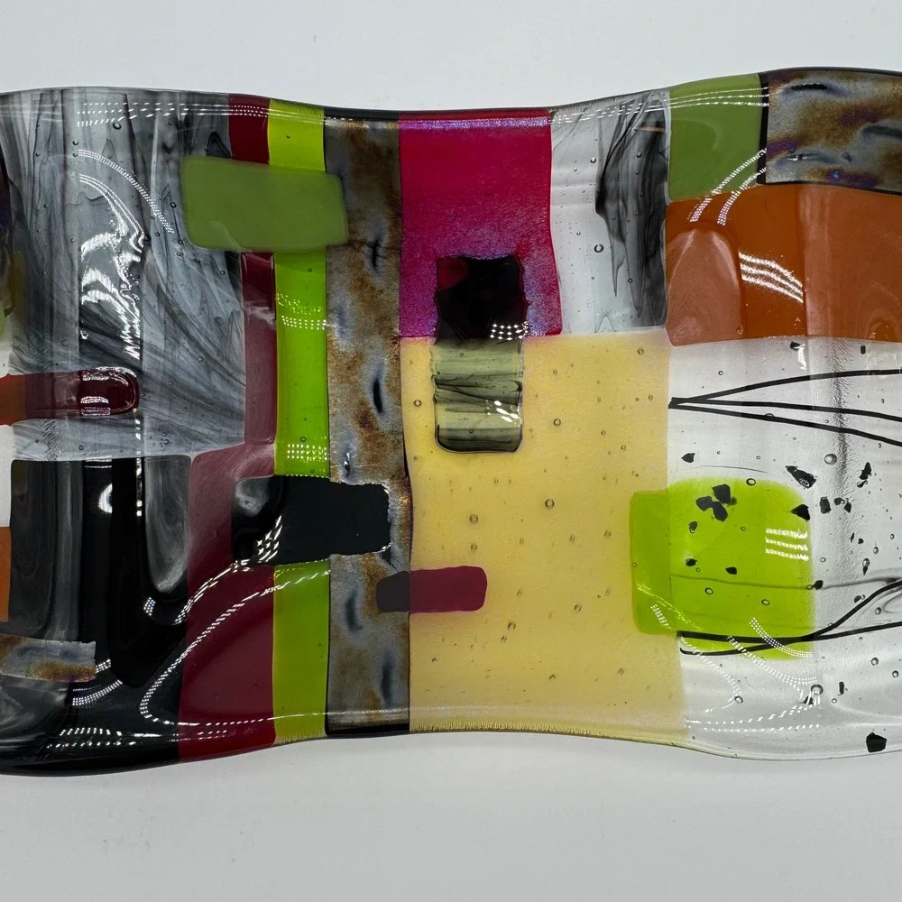 Lauren Goldfield '92 Fused Art Glass Tray Plate Colorful Abstract Design Devided